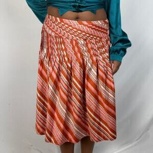 Talbots orange pink brown and cream striped patterned pleated midi skirt